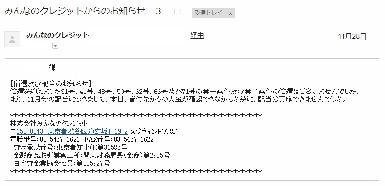みんなのクレジットの利払いが11月で停止