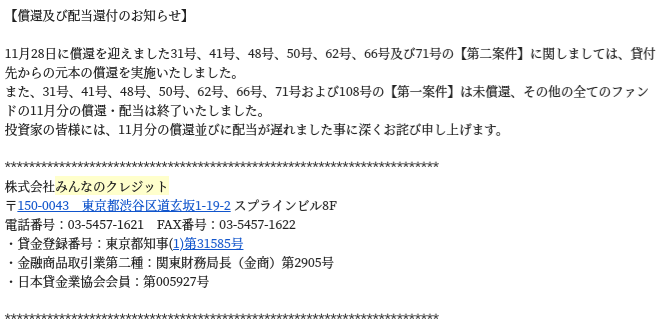 みんなのクレジット11月分配金遅れて入金メール
